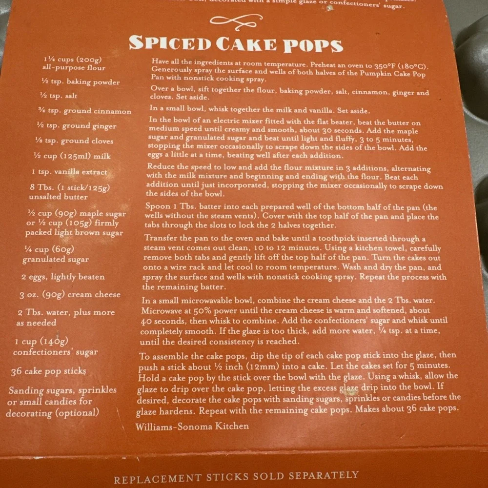 Williams Sonoma Nordic Ware Cake Pop Pan Fall Pumpkin‎ Makes 24 Cakes w Sticks